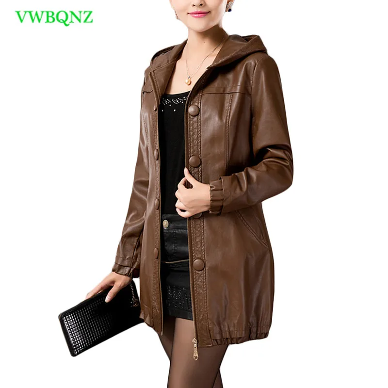 Plus size Women PU Leather Jacket Autumn Winter Long Casual Motorcycle Leather Jacket Women's Hooded Brown Overcoat L-5XL A222