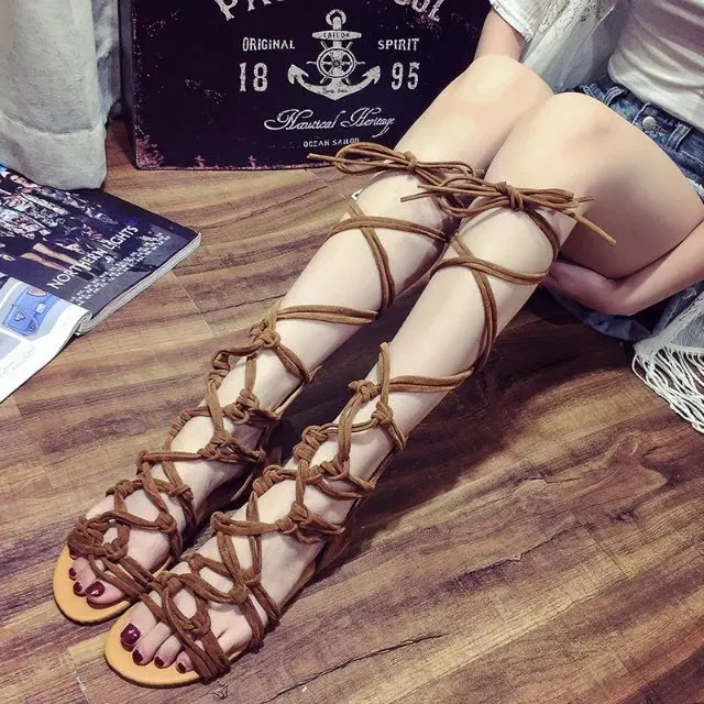 New 2017 Women Sandals Lace Up Sexy Knee High Boots Gladiator Roman Tie String Casual Flat Shoes Top Quality Size 35-41 | Обувь