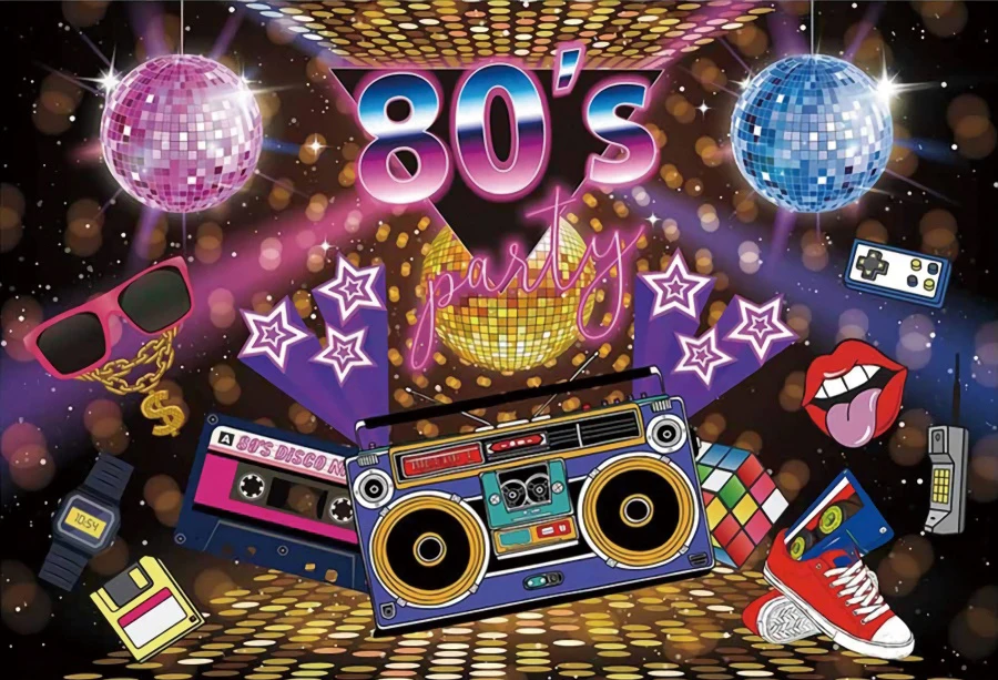 Laeacco Welcome To 80's Disco Party Baby Cartoon Poster Portrait Photo Backdrops Photography Backgrounds For Photo Studio