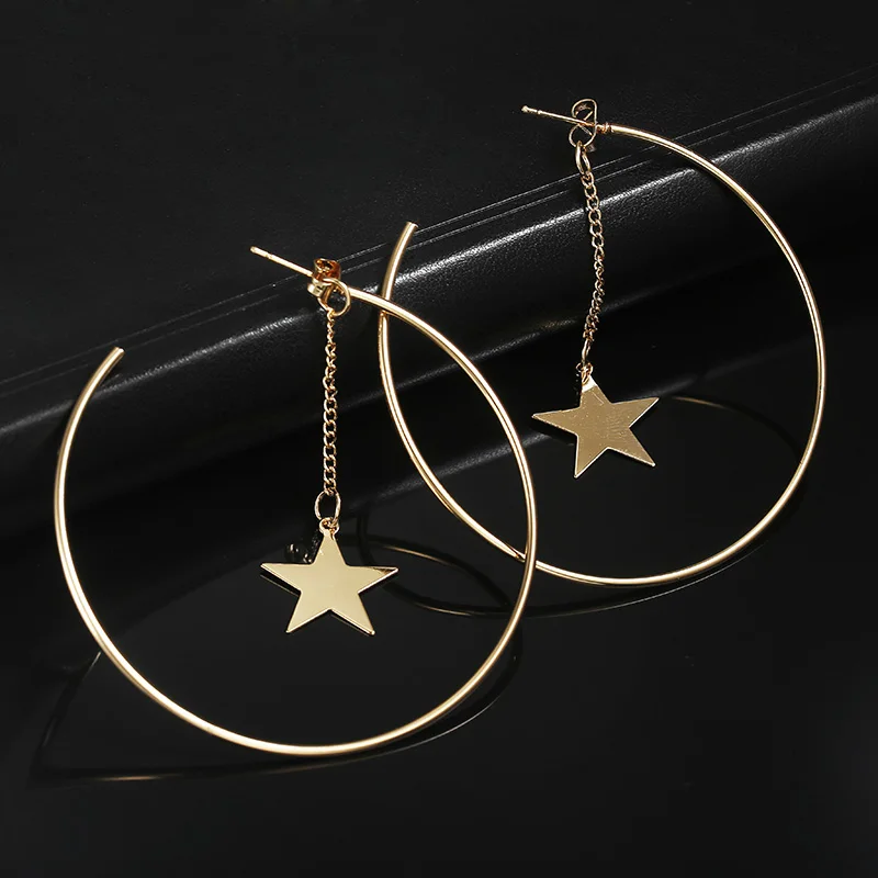 

Simple Hoop Earrings For Women Hollow Round Circle Earrings With Star Decorated Earrings Golden Color Ear Jewelry Wholesale
