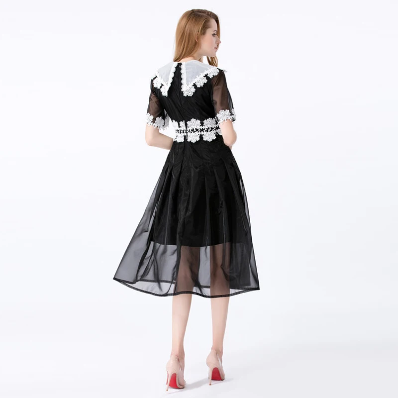 Женское модельное платье с коротким рукавом черное лоскутное кружевное на