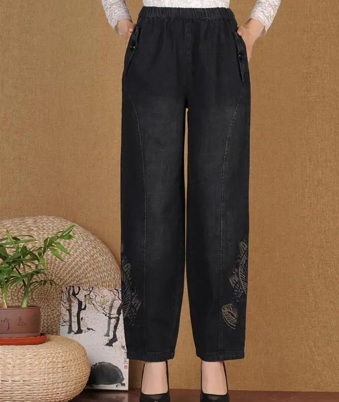 

L-5XL Hot / Spring Women New Big Yards Embroidered Loose Wide-legged High Waist Fashion Jeans Pants / L-5XL