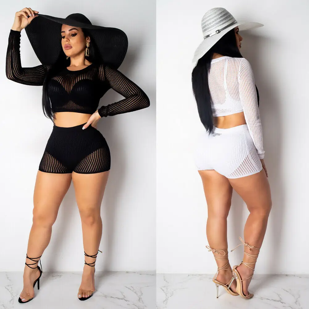 Женские однотонные Клубные комплекты ажурные сетчатые футболки укороченный топ