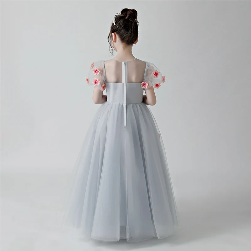 

2018 New Summer Autumn Children Girls Luxury Flowers Birthday Evening Party Long Mesh Dress Teens Model Show Pageant Mesh Dress