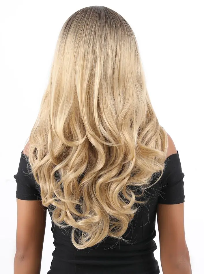 Ombre Blonde Wignee, розовые волосы, длинные волнистые парики, жаростойкий синтетический парик для женщин, на каждый день/вечерние, натуральный черный, коричневый/фиолетовый/Пепельный блонд, парик - Цвет: Ombre Blonde