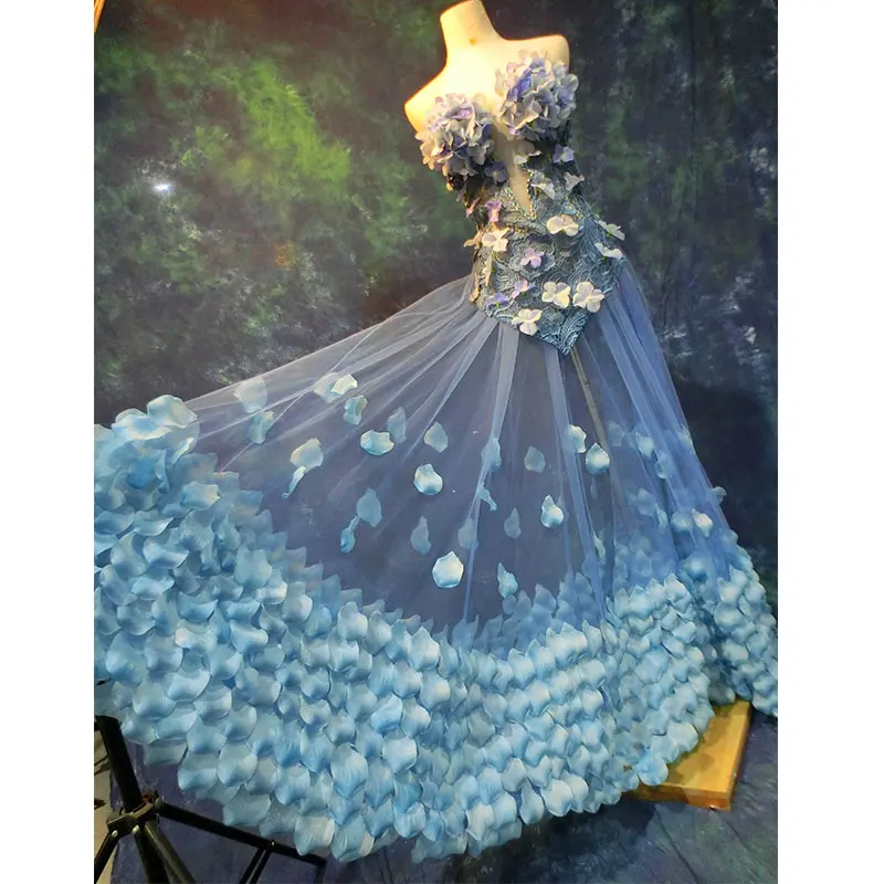 3D flower petals perspective Long DressBlue tube top Stage Wear Dress Bar Female Singer Gogo dance Dj costume Evening Outfit |