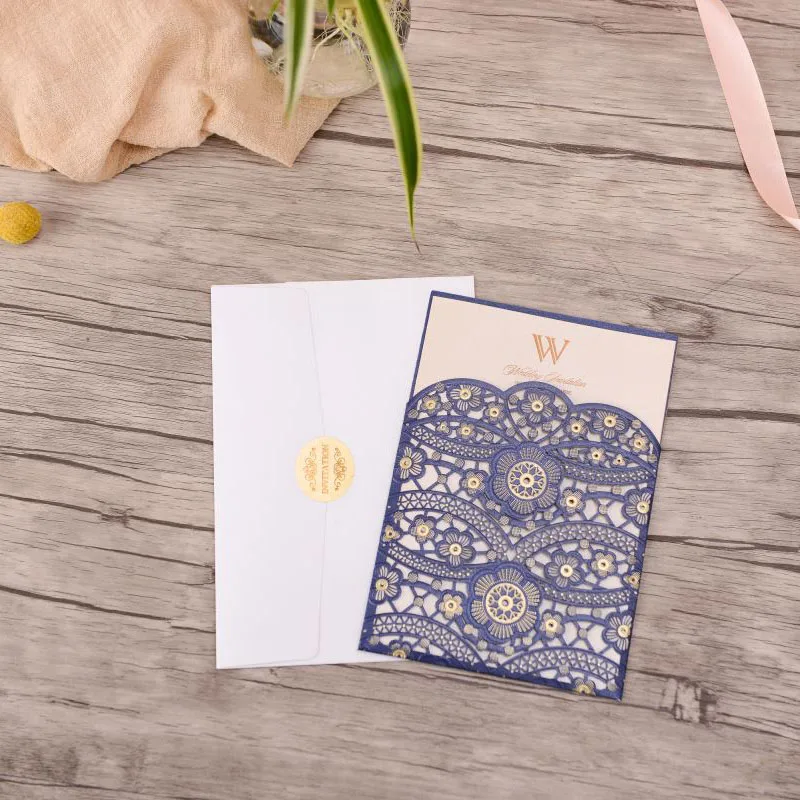 

25pcs Blue Laser Cut Wedding Invitations Card Lace Flora Elegant Invites Cards Customize Marriage Wedding Party Favor Supplies
