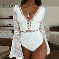 2018 women lace bodysuit sexy deep v neck flare sleeve playsuit romper ladies backless long sleeve hollow out body suit overalls