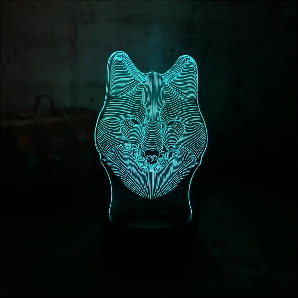 Крутая 3D Светодиодная настольная лампа с изображением зверя волка USB 7 цветов