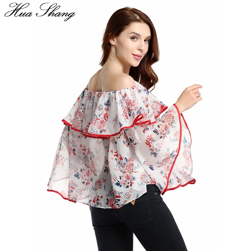 Женская шифоновая блузка с оборками открытыми плечами и цветочным принтом |
