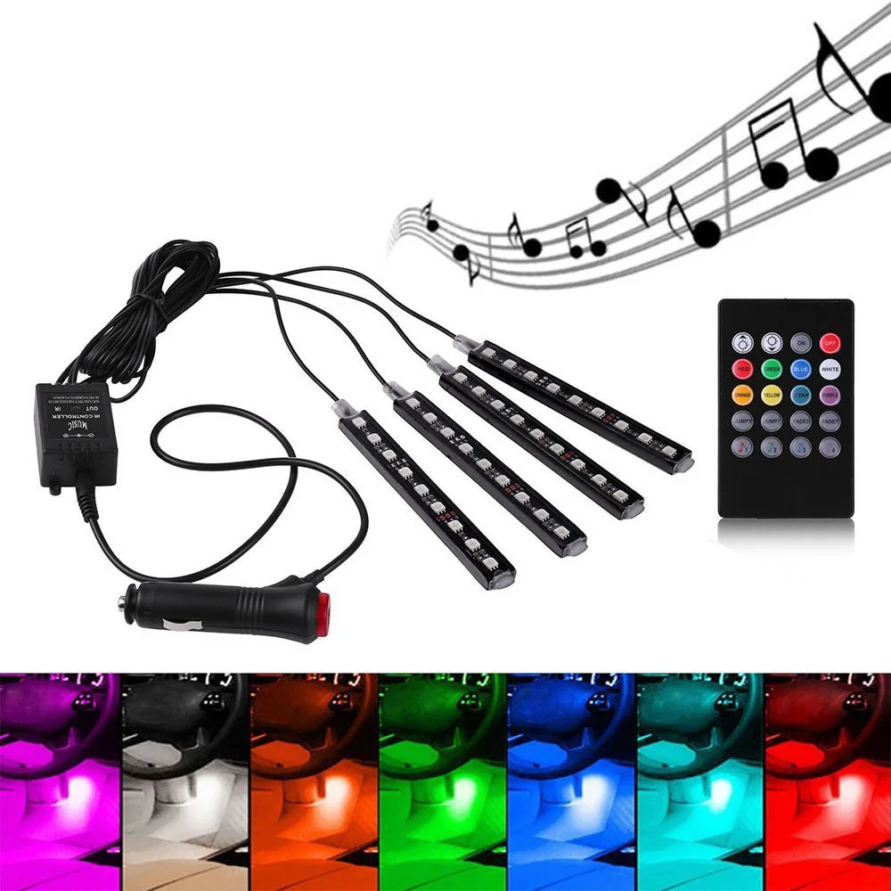 Купи Music Rhythm Sound Control 4*12LED IR Remote Control Car Interior Underfoot LED RGB Atmosphere Lamp Strip Mood Light Car-styling за 670 рублей в магазине AliExpress