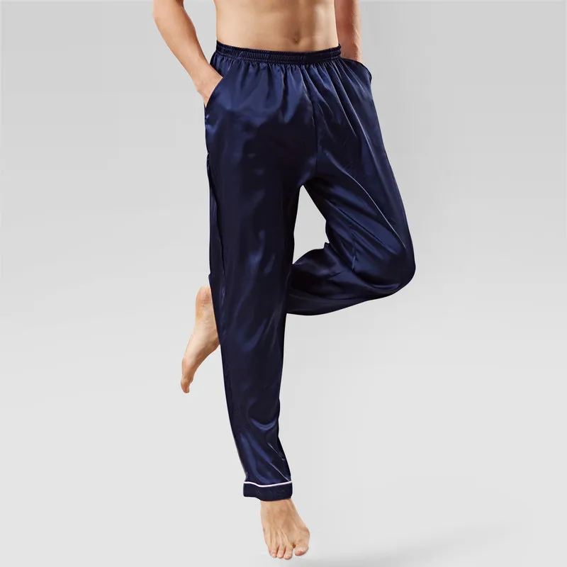 navy blue Новое поступление лед Шелковая пижама мужская летняя однотонная свободная пижама брюки атласная Повседневная Мягкая Домашняя одежда Pantalon Pyjama Homme MA50198 - Цвет: navy blue