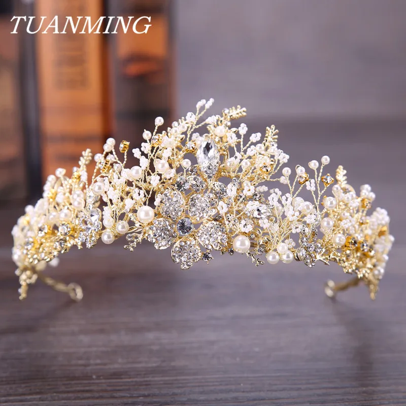 Свадебная корона с хрустальным жемчугом Золотая тиара невесты принцессы