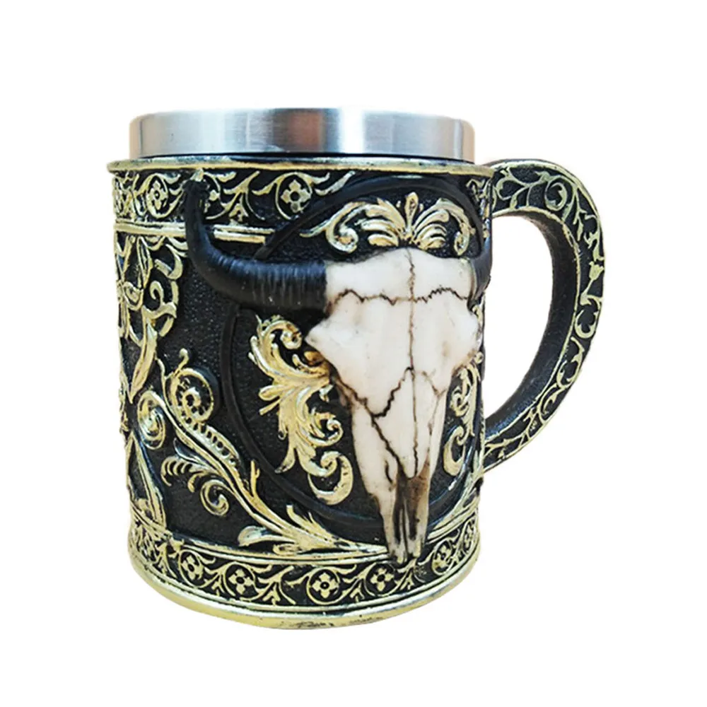 3D creative personality cow head mug Halloween Tankard Coffee Mug Cup Cool Stainless Steel Tea hot Skull Gift 4.30 | Дом и сад
