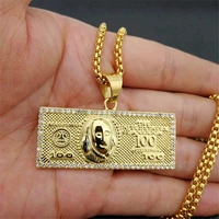 hip hop iced out rhinestones 100 dollar money coin necklaces pendants male gold color stainless steel chains for men jewelry