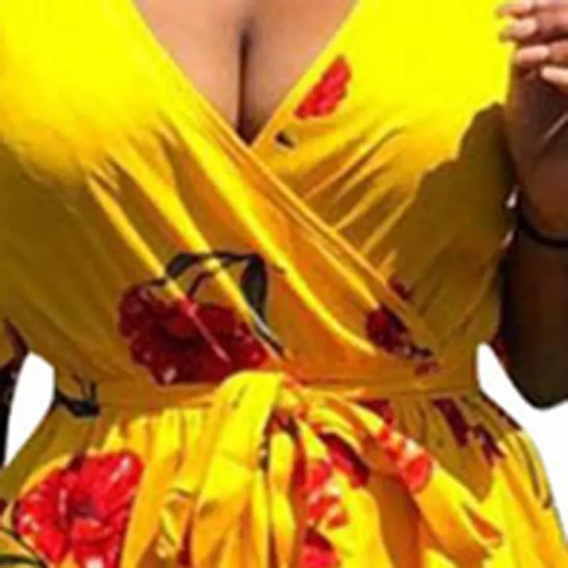 Сексуальное короткое платье для женщин с v образным вырезом в стиле бохо желтое