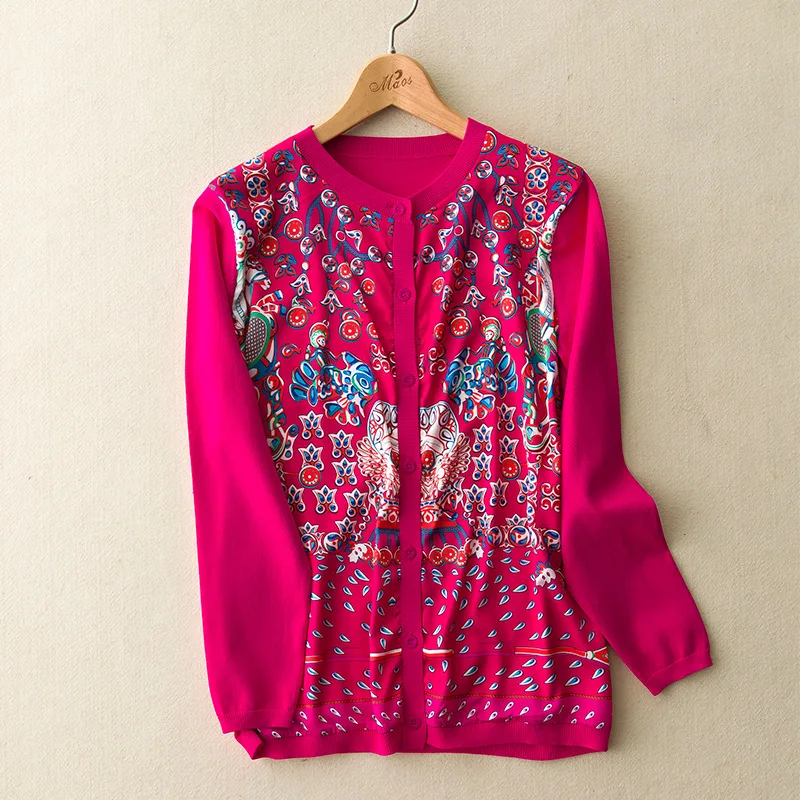 

Micosoni High Quality 2019 Style New Autumn Rose Printing Red Silk Knit Women's Cardigan Sweater Regular Full Sleeve Knitwear