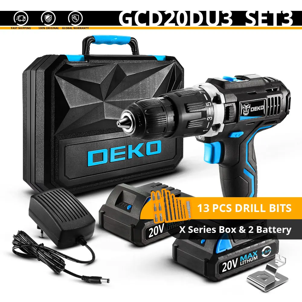 DEKO GCD20DU серия 20 В Макс DC литий-ионный аккумулятор 13 мм 2 Скорости Электрическая аккумуляторная дрель мини-шуруповерт ударный драйвер питания - Цвет: DU3 SET3