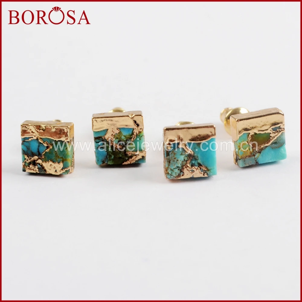 BOROSA 5/10Pairs Gold Color 7mm Square Copper Natural Turquoises Stud Earrings Blue Stone Druzy Jewelry G1648 | Украшения и