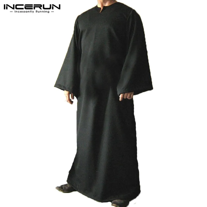 Black INCERUN, осень, мусульманская Мужская рубашка, кафтан, длинный рукав, v-образный вырез, солидные, свободные, халаты, Мужская одежда, кафтан,, большие размеры, топы, футболки - Цвет: Black