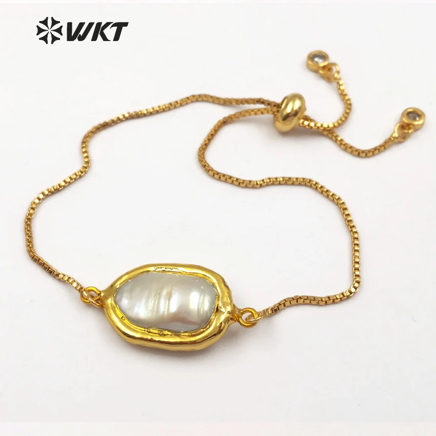 WT-B413 New Arrival Gold Dipped Perfectly Round Shape Natural Freshwater Pearl Bracelet Women Dainty Bracelet Can Adjustable
