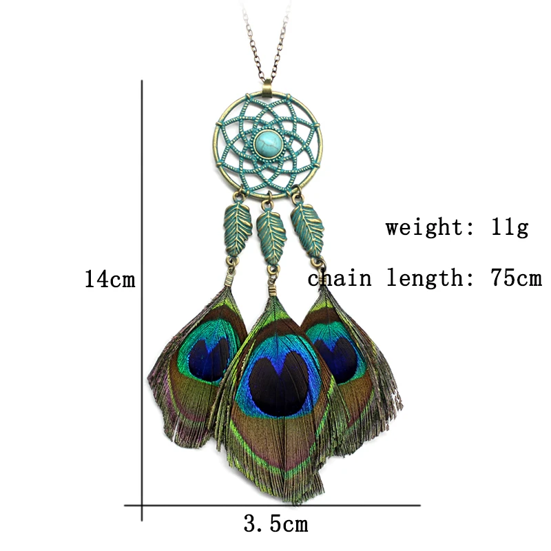 Длинная цепочка для свитера Ловец снов полые павлиньи перья креативное ожерелье