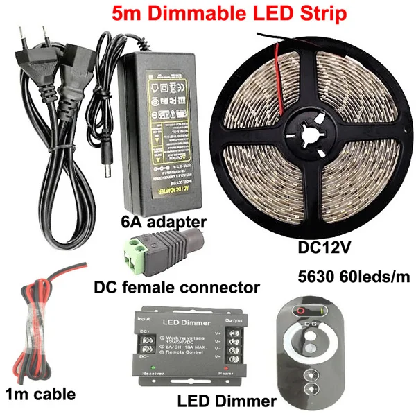 5m Dimmable Kit 5630 SMD светодиодный светильник с регулируемой яркостью 60 Светодиодный s/m 5 м 10 м 15 м комплект 6A диммер переключатель управления теплый белый холодный белый красный синий зеленый светильник ing - Испускаемый цвет: 5m Dimmable Kit