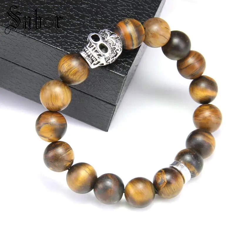 Большой Матовый браслет TIGER'S EYE с бусинами в виде черепа и лилии мужские