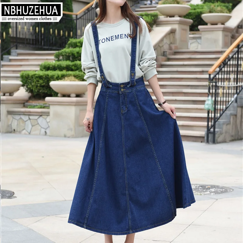NBHUZEHUA T855 3XL 4XL 5XL женская джинсовая юбка на бретелях длинная Корейская модель