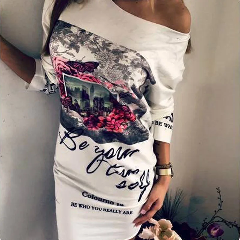 Мода Для женщин платье О образным вырезом Футболка цветочный принт Bodycon длинным