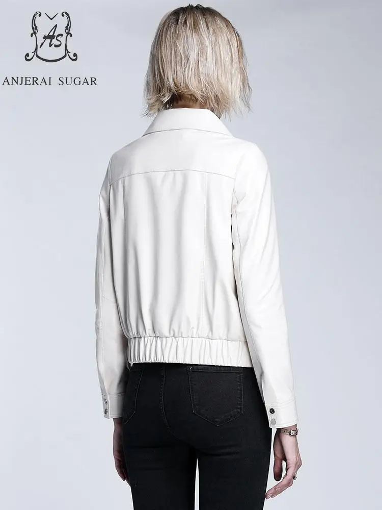 Autumn women Sheepskin Genuine Leather jacket white motorcycle Elastic waist zipper pockets real leather jaqueta couro feminina | Женская