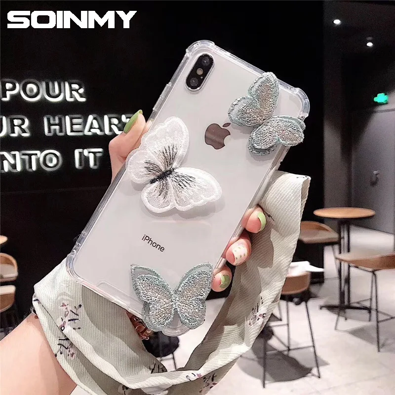 Роскошные креативные модные 3D чехлы с бабочками для iPhone X XR XS MAX мультяшный мягкий