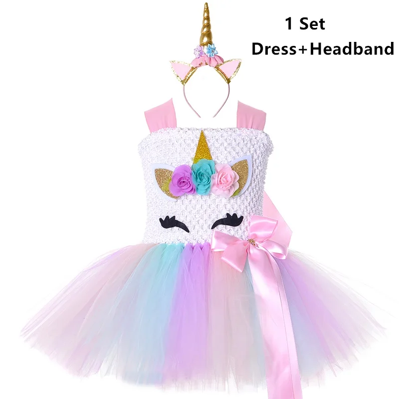 Dress and Headband Пастельный цветок; платье-пачка с единорогом для девочек; платье принцессы для девочек; маскарадный костюм для дня рождения; Детский костюм на Хэллоуин; От 1 до 14 лет - Цвет: Dress and Headband