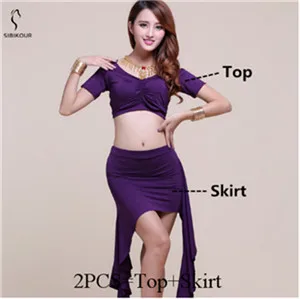 Purple 2pcs Костюм для танца живота практическая одежда сценическая одежда для взрослых Восточный Болливуд индийский Топ Юбка Пояс тренировочная одежда 8 цветов - Цвет: Purple 2pcs