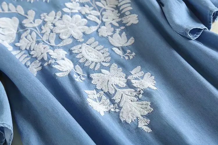 Women Vintage Blue Denim Dress Lady V Neck Flare Sleeve Summer Casual Floral Embroidery Dress Plus Size vestido