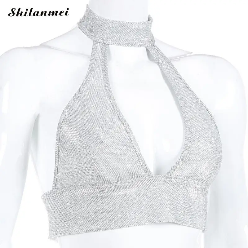 2019 Silver Glitter Sequin Crop Top Summer Bustier Backless Deep V Sexy T-Shirt Camis Women Party Club Tank Tops | Женская одежда