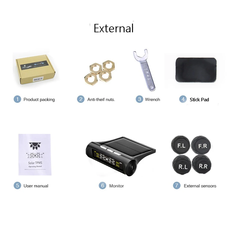 Солнечная TPMS Автомобильная сигнализация давления в шинах монитор система