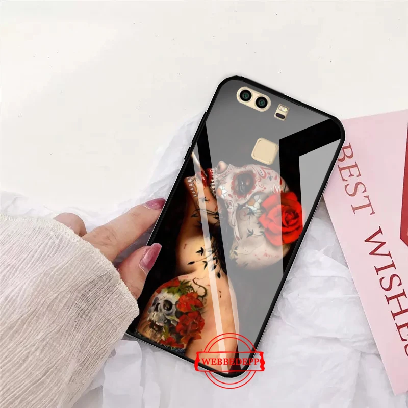 

Mexican Skull Girl tattooed Art Glass Case for Huawei P10 lite P20 Pro P30 P Smart honor 7A 8X 9 10 Y6 Mate 20