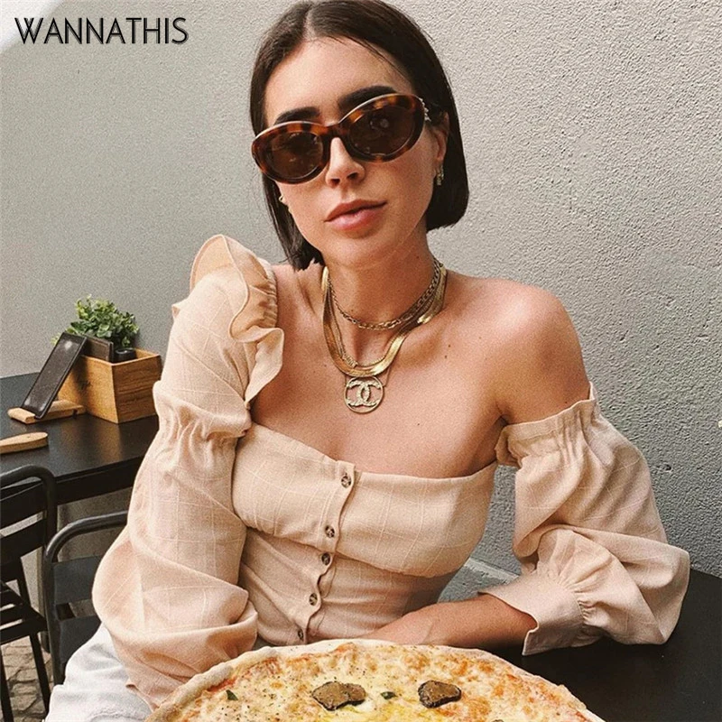 WannaThis/повседневные женские рубашки с одним плечом, нерегулярные с пышными рукавами, с открытой спиной, на пуговицах, осенняя модная уличная одежда, сексуальный женский топ