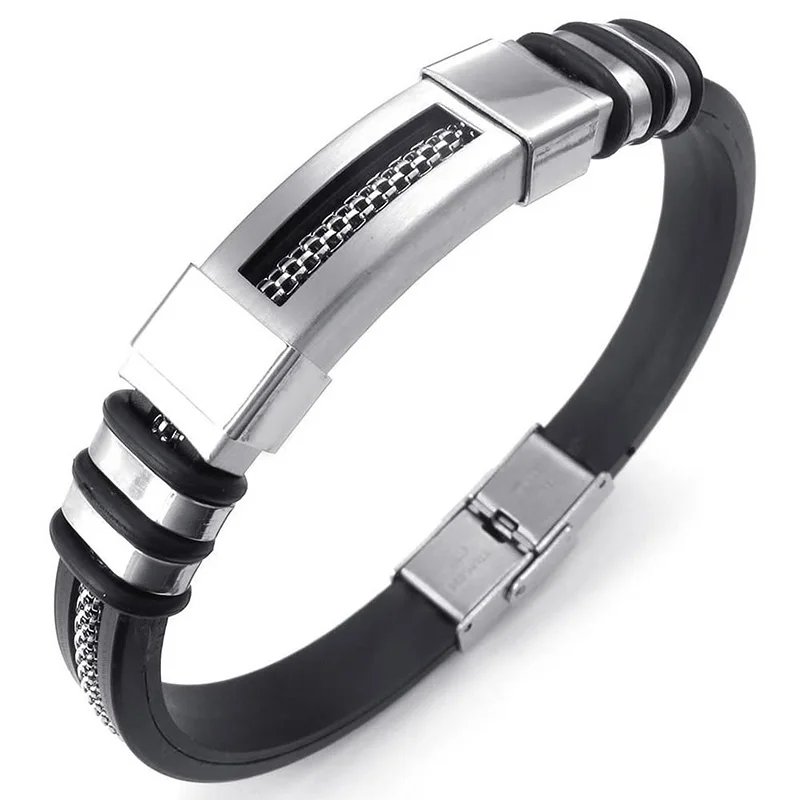 Jewelry Men's Bracelet Biker Rubber Stainless Steel Black Silver | Украшения и аксессуары