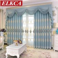 luxury european embroidered blue curtains for bedroom modern tulle curtains for living room blue sheer curtains for kitchen