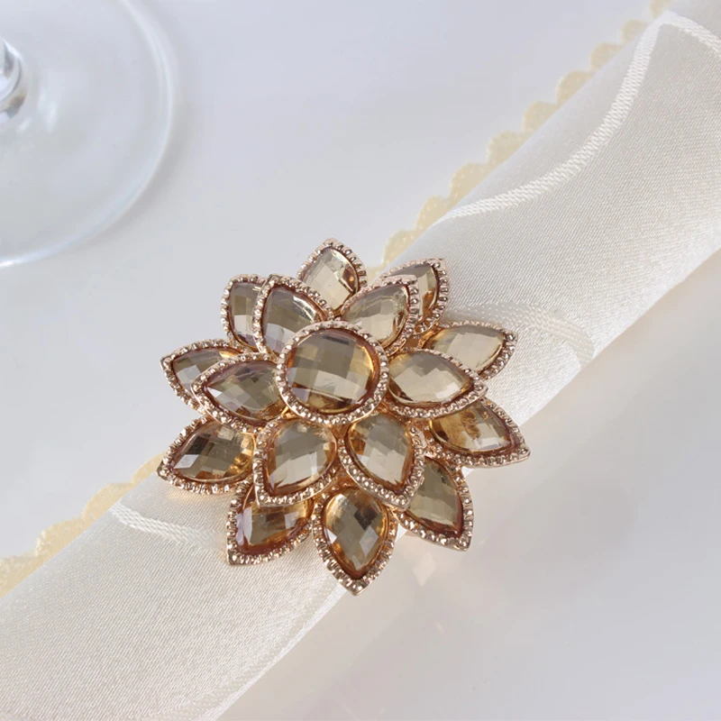 

Rose Gold Plating with Champagne Acrylic Stones Jeweled Snowflake Metal Alloy Napkin Rings Set of 6 Pieces