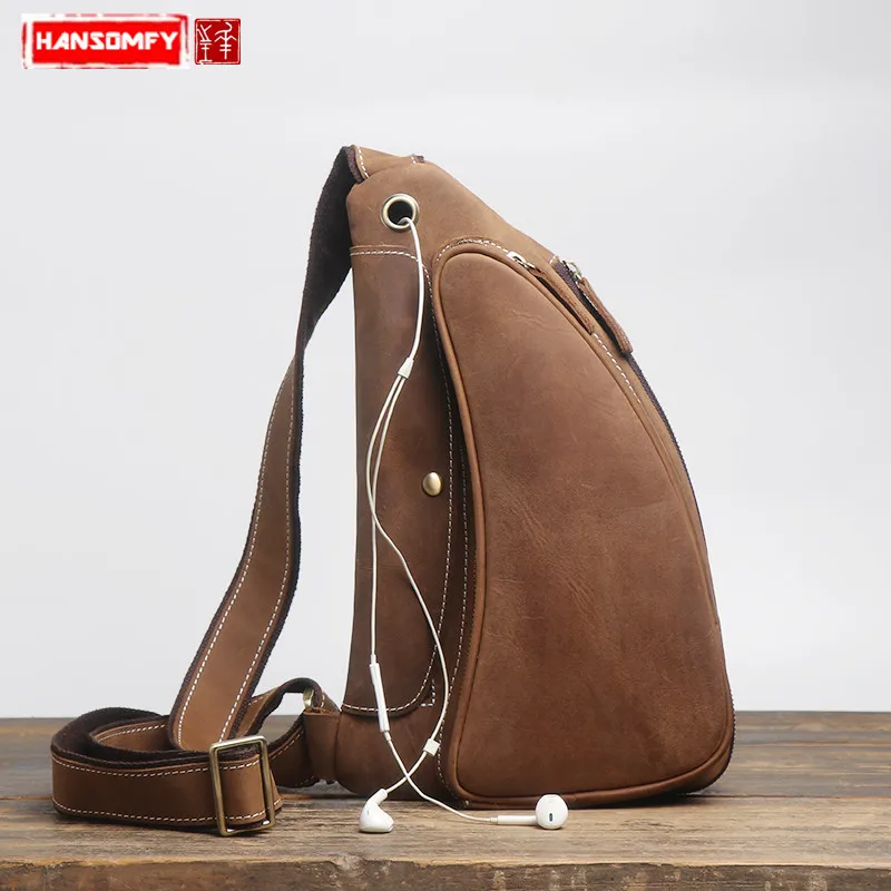 Men's Chest Bag Retro Messenger Bag Casual Sports Small Bag Genuine Leather Handmade Personality Crazy Horse Leather Vintage Men