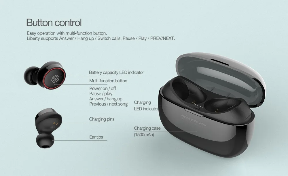 Беспроводные наушники NILLKIN TWS Bluetooth 5 0 IPX4 водонепроницаемые 3D стереонаушники