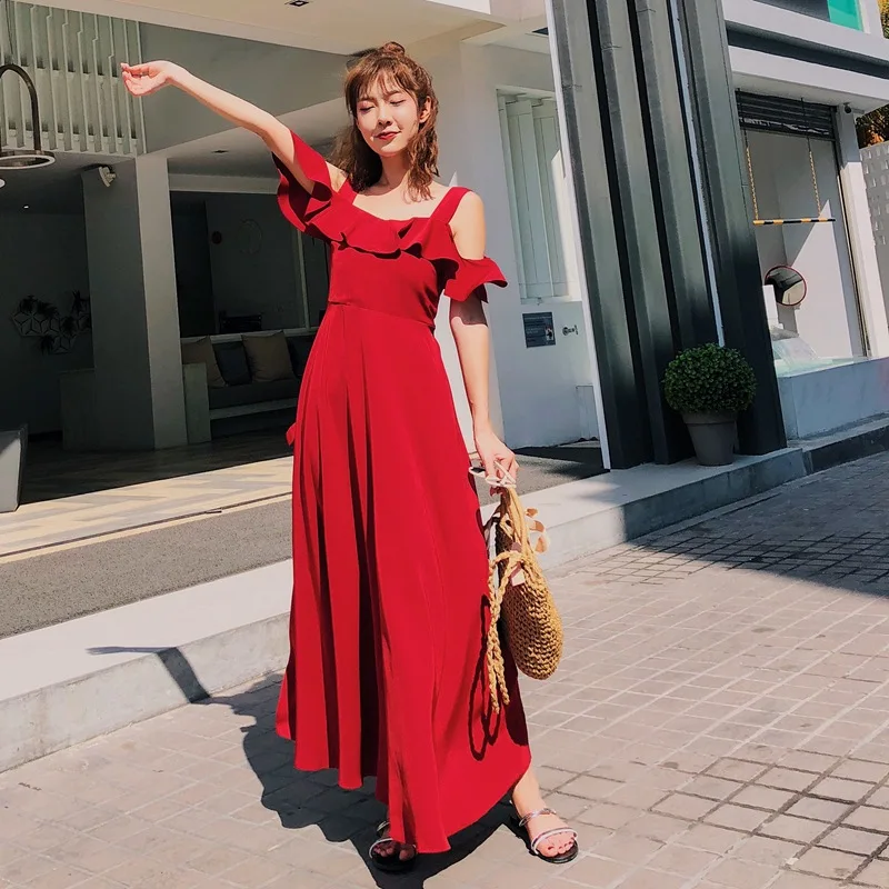 Шифоновые однотонные богемные макси платья для женщин с круглым вырезом на