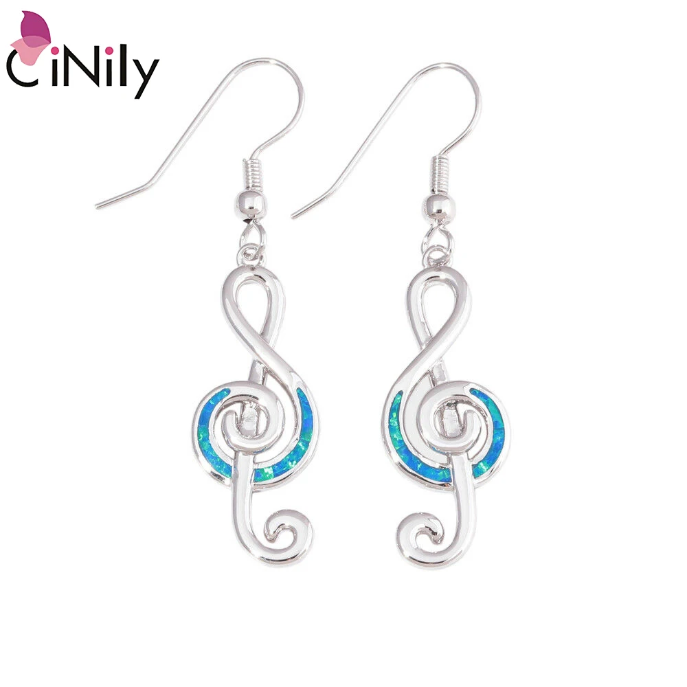 

CiNily Ocean Blue Fire Opal Long Dangle Earrings Silver Plated Musical Note Symbol Drop Earring Minimal Art Jewelry Woman Girl