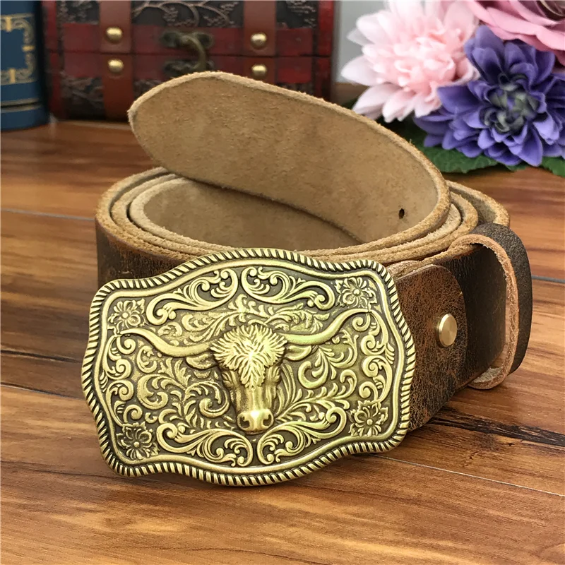 Мужской ковбойский ремень из латуни роскошный кожаный с пряжкой желтый широкий