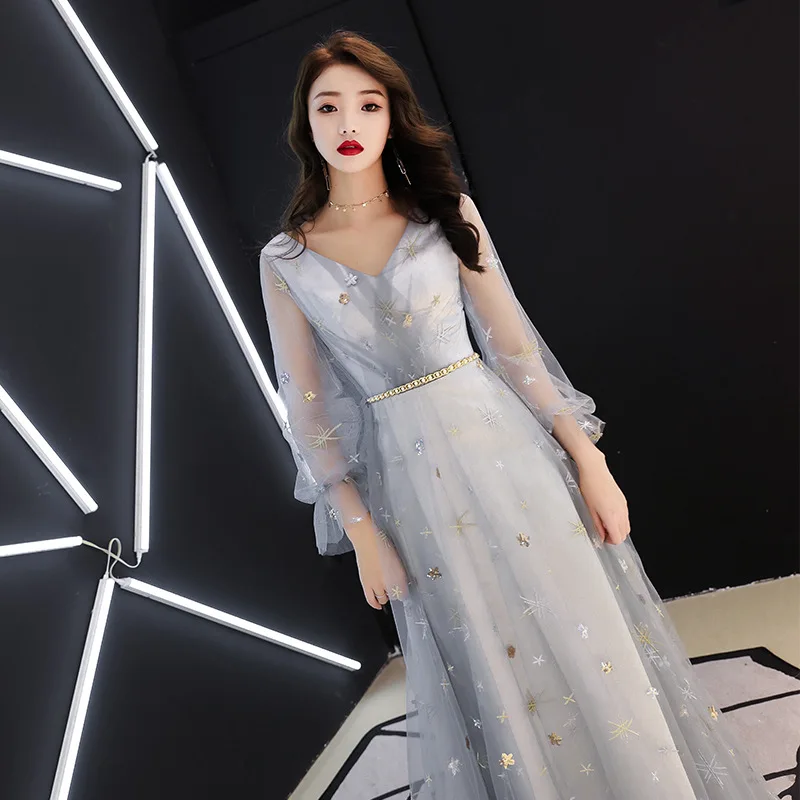 Китайское традиционное платье Ципао с v образным вырезом серого цвета для