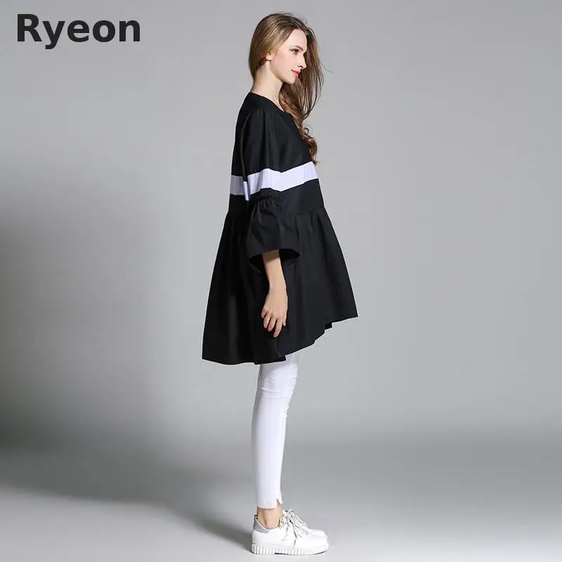 Ryeon Весна Женщин Плюс Размер Платья Повседневная Line Three Четверти Flare Рукавом