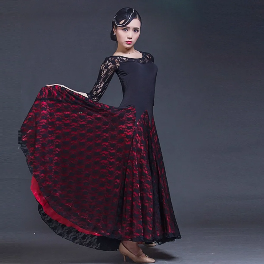 Женское платье для танцев черное кружевное с длинными рукавами тренировок